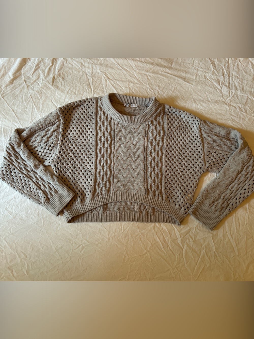 Zara Cropped Grey Cable & Openwork Crewneck Sweater